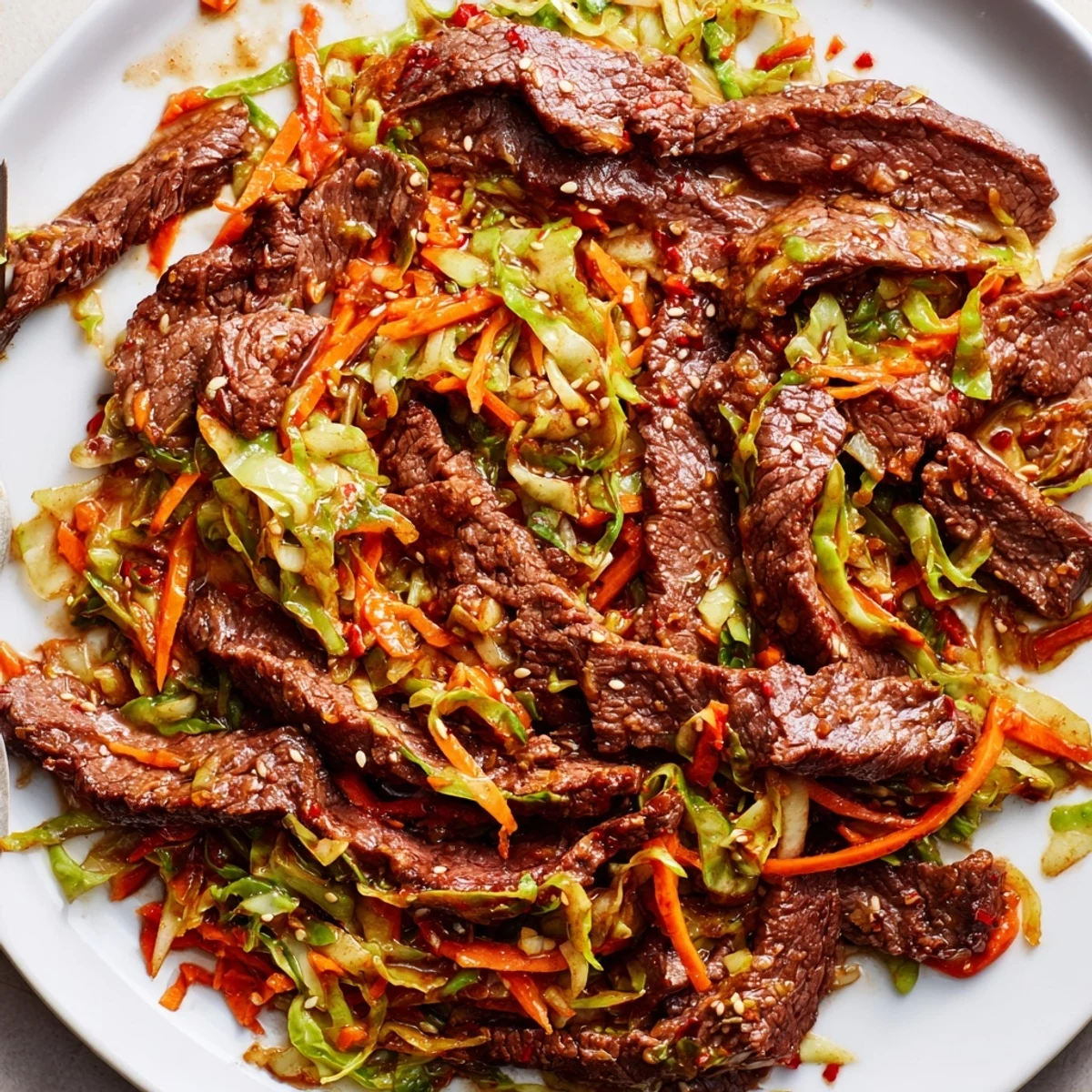 Plated Keto Friendly Beef and Cabbage Stir Fry served alongside a small bowl of cauliflower rice, garnished with fresh green onions and a sprinkle of sesame seeds.