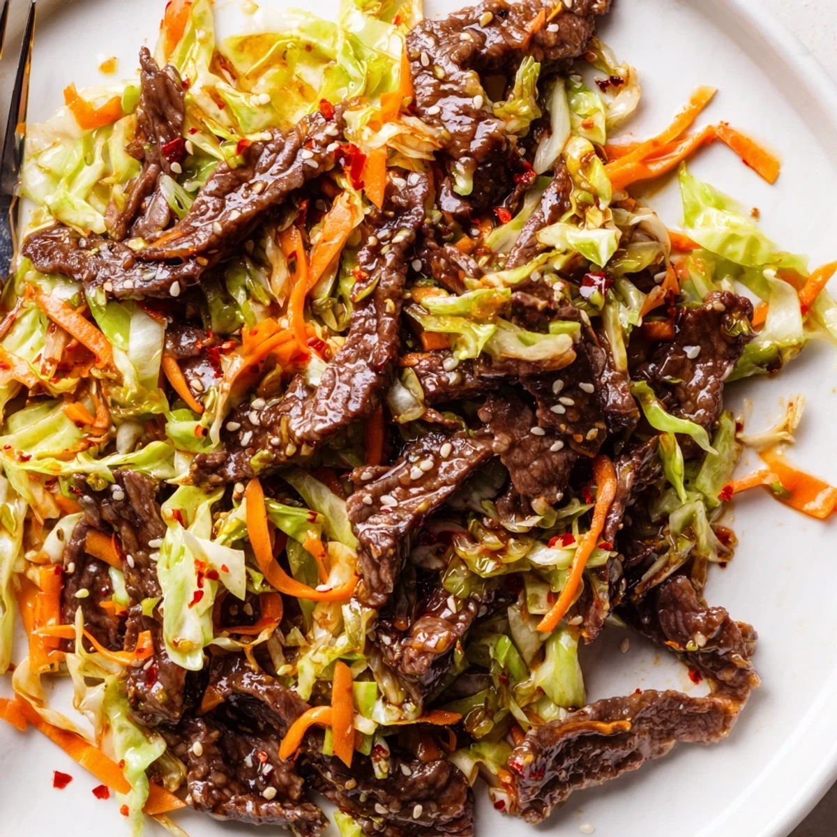 Hot Keto Friendly Beef and Cabbage Stir Fry sizzling in a wok with steam rising, showcasing tender beef slices and crisp green cabbage coated in savory sauce.