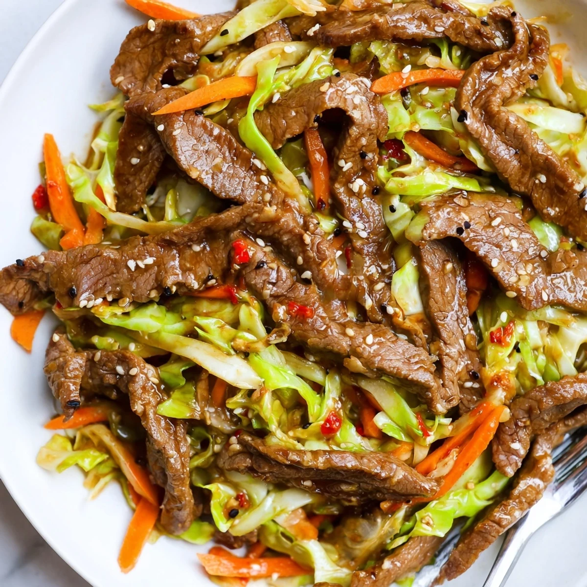 Close-up of Keto Friendly Beef and Cabbage Stir Fry highlighting marinated beef strips and shredded cabbage with a drizzle of sesame oil and a hint of chili.