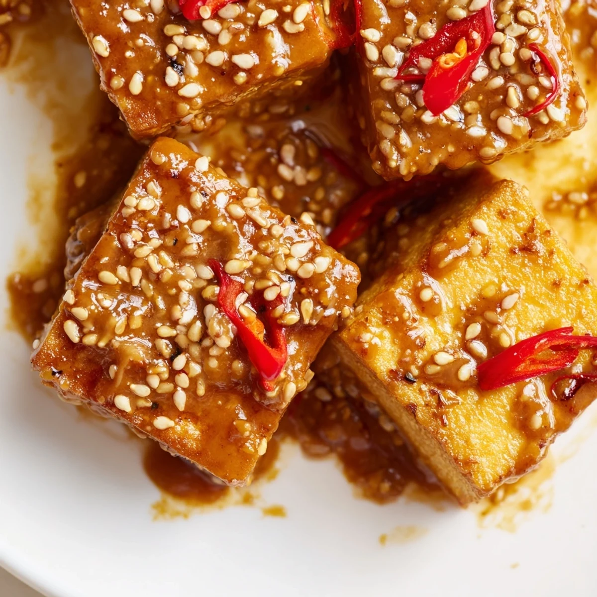 Crispy Baked Tofu with Sesame Peanut Sauce tossed with green onions and sesame seeds, served over steamed rice for a hearty vegan dinner.