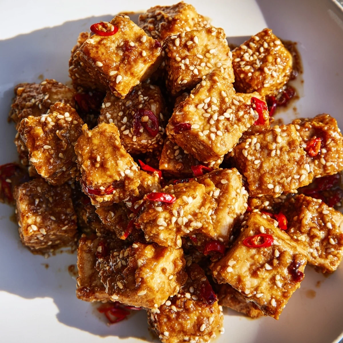 These golden brown Crispy Baked Tofu cubes glisten with a luscious peanut sauce, garnished with fresh cilantro and red chili slices for a spicy kick.