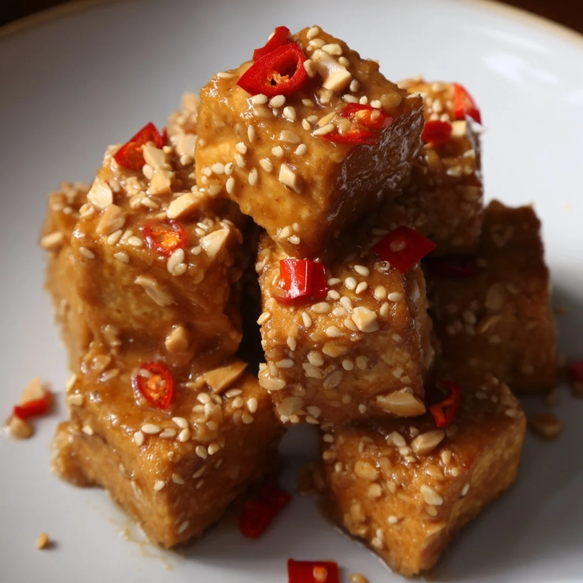 A close-up photo shows crunchy Crispy Baked Tofu drizzled in creamy sesame peanut sauce, plated alongside stir-fried broccoli and carrots for a complete meal.