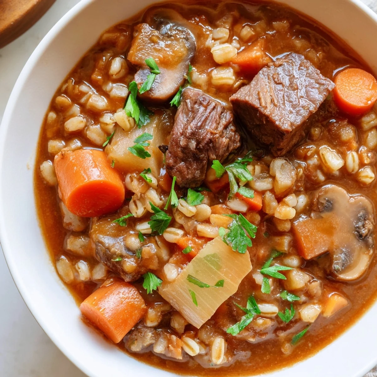 Steaming bowl of Hearty Beef and Barley Stew with Parsnips, garnished with fresh parsley and served with crusty bread.