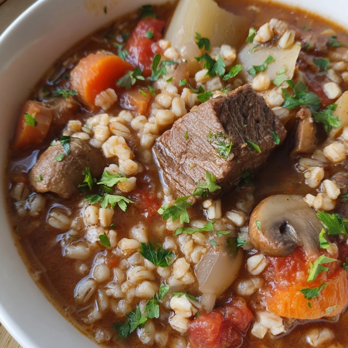 Tender beef and sweet parsnips in Hearty Beef and Barley Stew, simmered with thyme and rosemary in a rustic Dutch oven.
