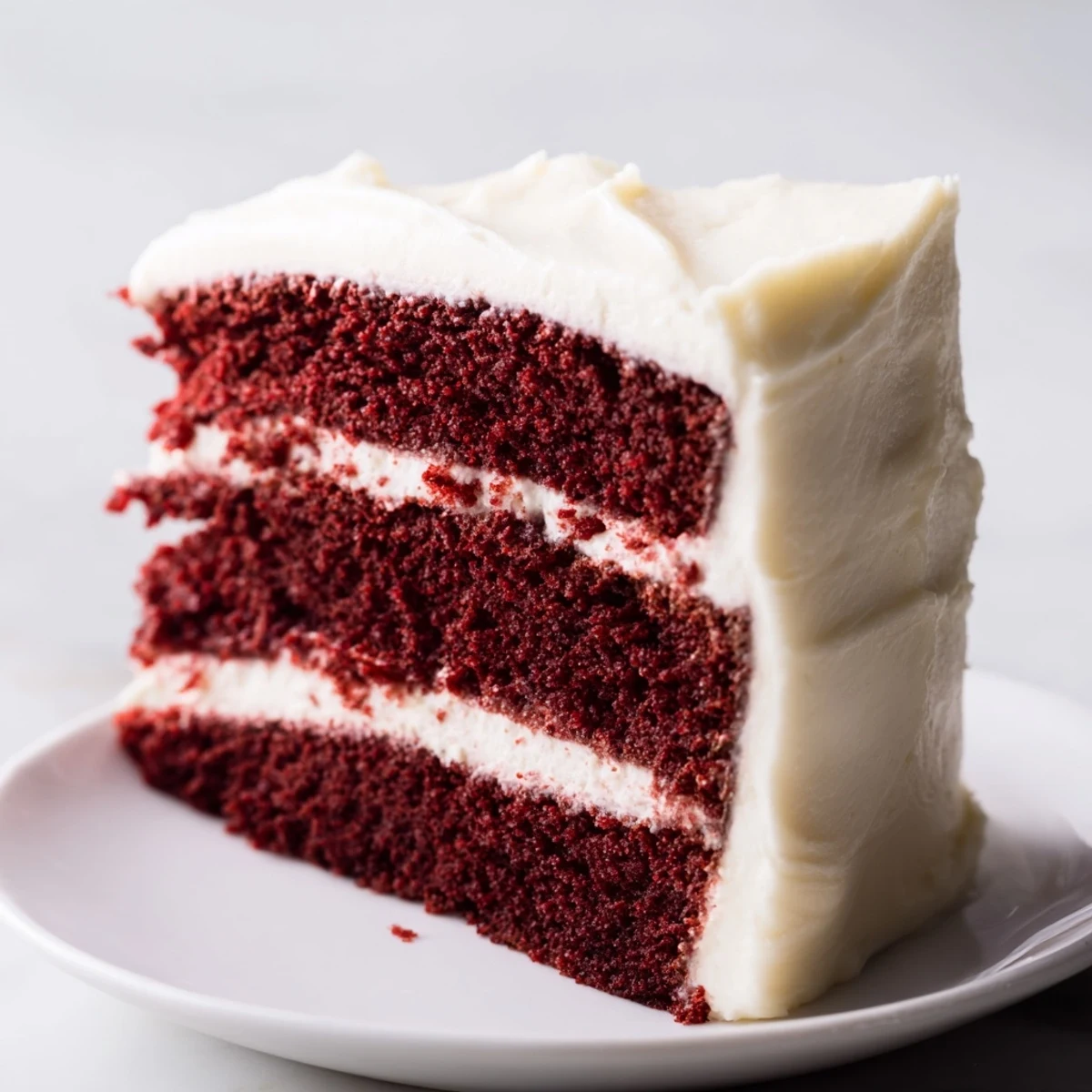 Perfectly layered Red Velvet Cake with Cream Cheese Frosting, showing moist crumbs and a rich, velvety texture.