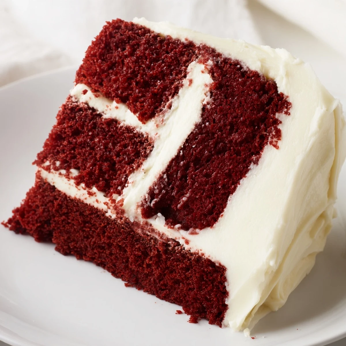 Slice of moist Red Velvet Cake with Cream Cheese Frosting on a white plate, ready to serve with a fork.