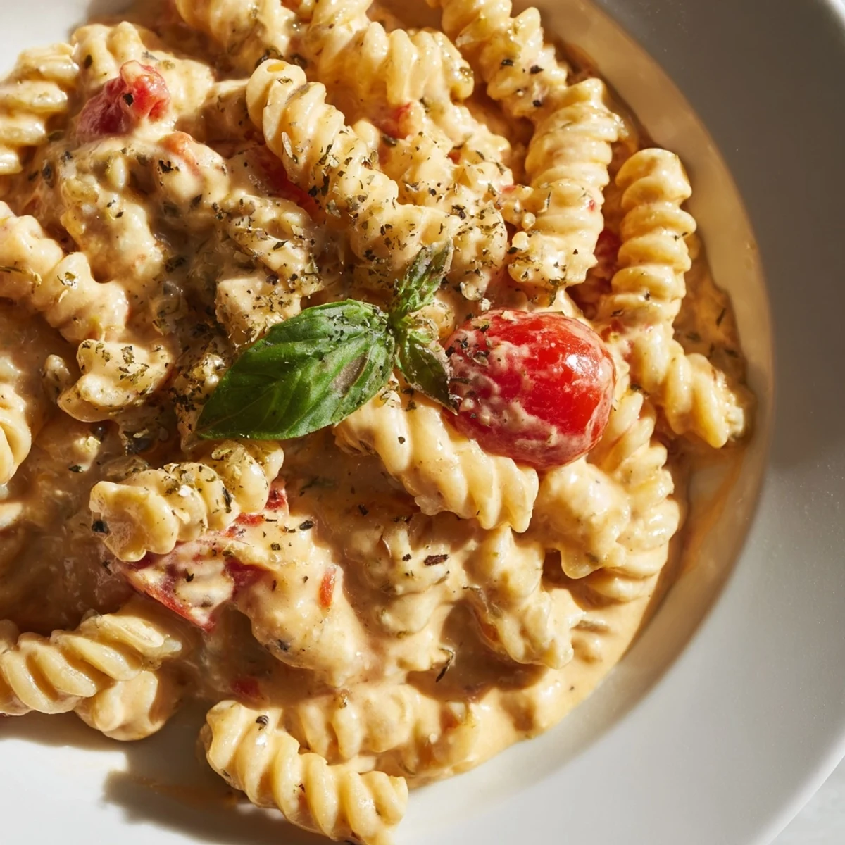 Sizzling Baked Feta Pasta with Cherry Tomatoes and Garlic is served warm, garnished with extra basil and red pepper flakes.