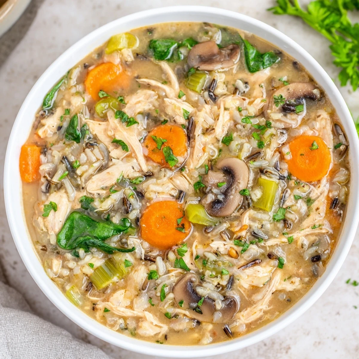 Instant Pot Chicken and Wild Rice Soup steaming in a white bowl, garnished with fresh parsley and carrots.