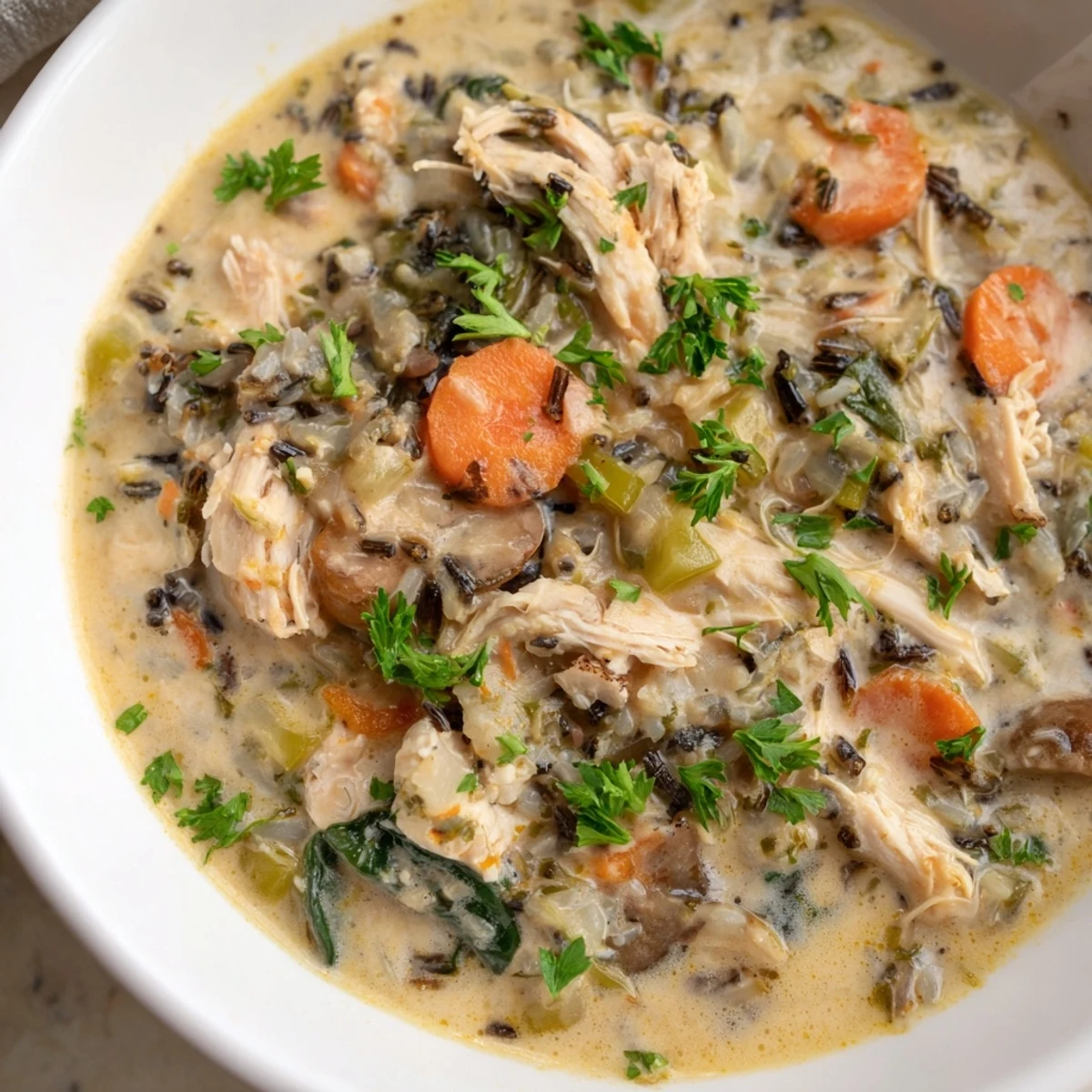 Close-up of creamy Instant Pot Chicken and Wild Rice Soup in a rustic bowl, with thyme and spinach garnish.