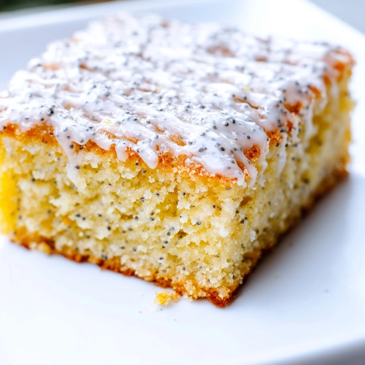 Freshly baked Lemon Drizzle Traybake with Poppy Seeds, sliced into squares on a cooling rack over parchment.