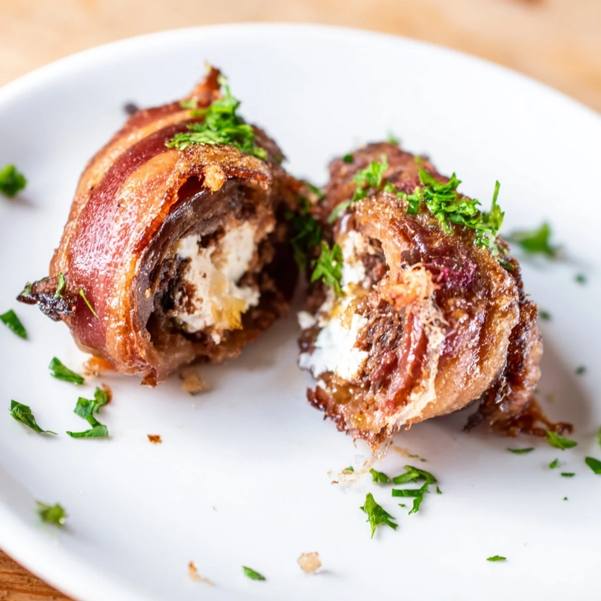 Air Fryer Crispy Beef Bacon Wrapped Dates, golden brown and stuffed with creamy goat cheese, served warm as a bite-sized appetizer.