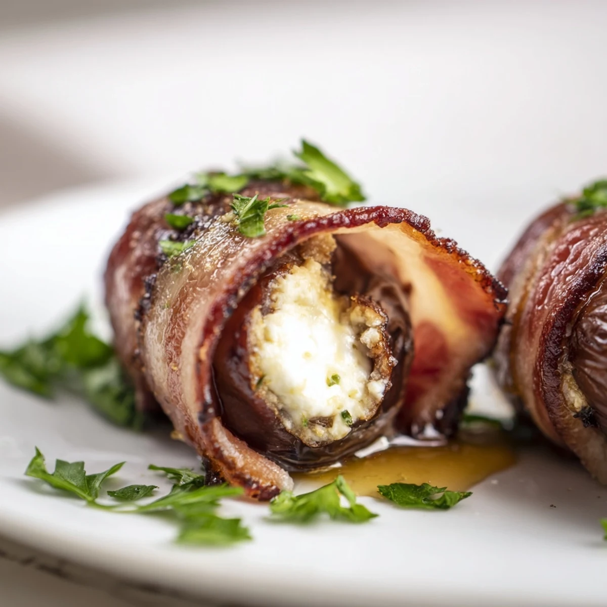 Freshly cooked Air Fryer Crispy Beef Bacon Wrapped Dates drizzled with honey and parsley, perfect for entertaining or a gluten-free snack.