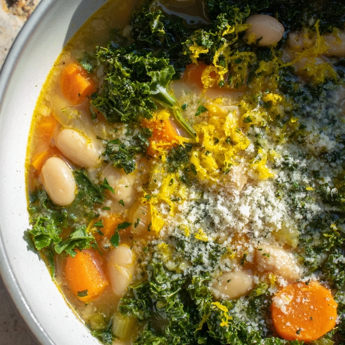 A serving of White Bean and Kale Soup with Lemon Zest and Parmesan beside crusty bread and a glass of wine.