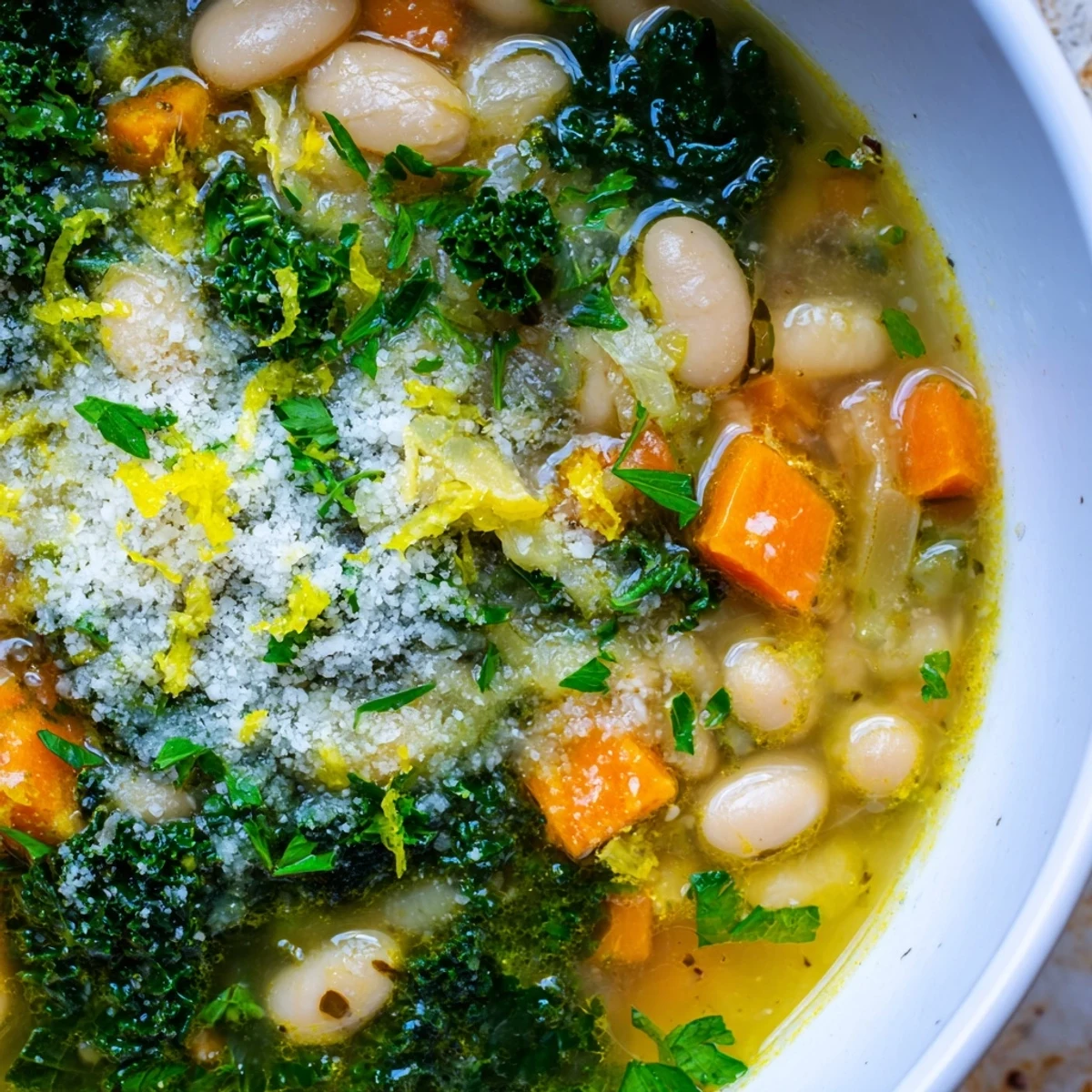 Creamy White Bean and Kale Soup with Lemon Zest and Parmesan steaming in a rustic bowl, garnished with fresh parsley and cheese.