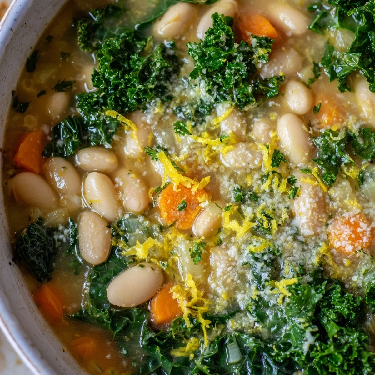 Close-up of White Bean and Kale Soup with Lemon Zest and Parmesan featuring tender kale and melted Parmesan on top.