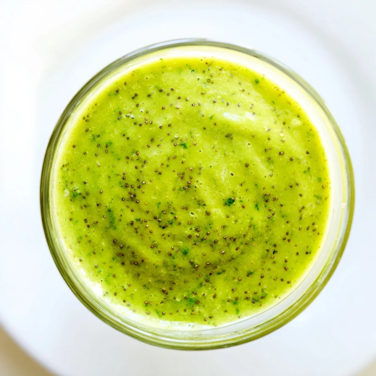 Detox Green Smoothie with spinach, apple, and banana served over ice in a mason jar, topped with fresh ginger.