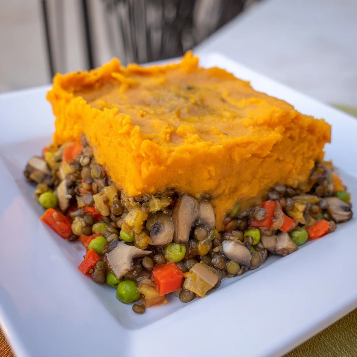Freshly baked Vegan Lentil and Sweet Potato Shepherds Pie with golden, fluffy mash topping served in a white ceramic dish.