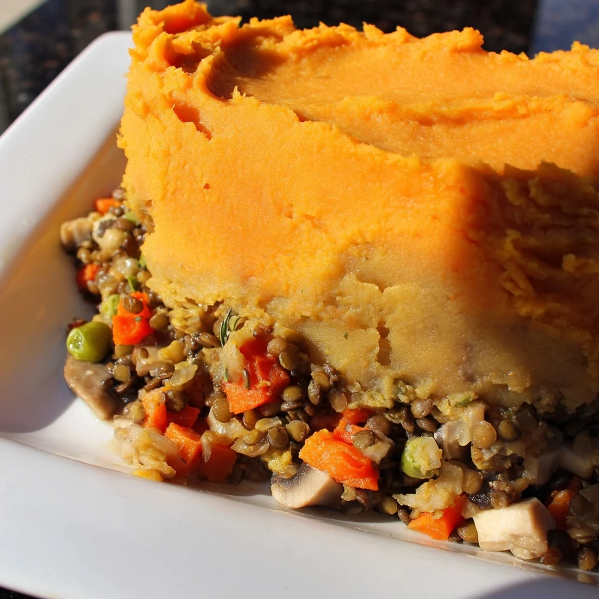 Close-up of creamy sweet potato mash topping over a warm Vegan Lentil and Sweet Potato Shepherds Pie.