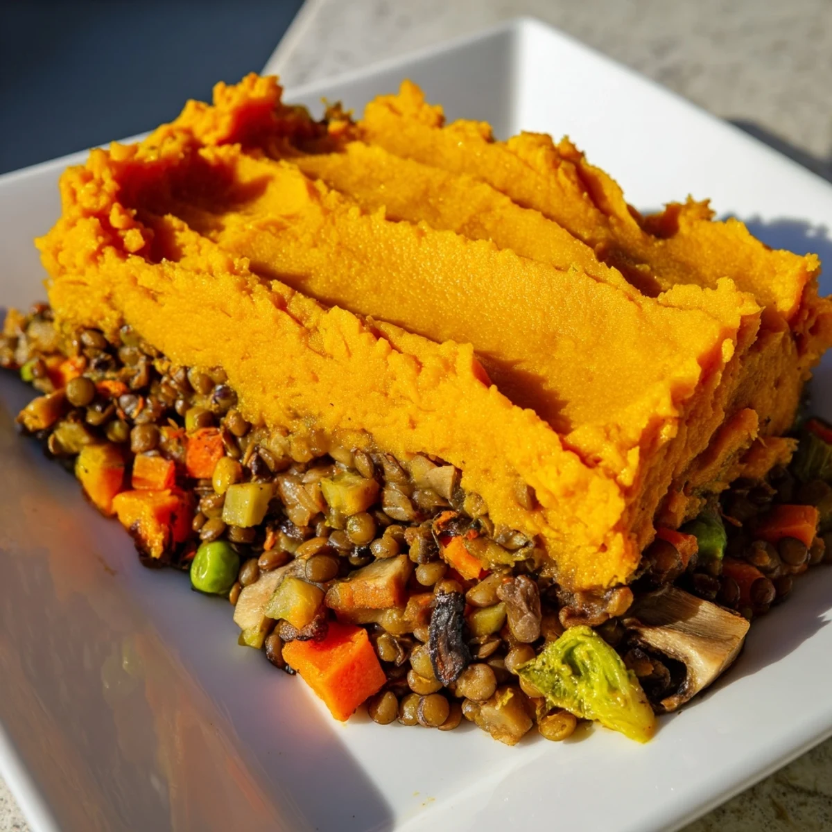 Slice of hearty Vegan Lentil and Sweet Potato Shepherds Pie revealing savory lentil filling with peas and carrots.