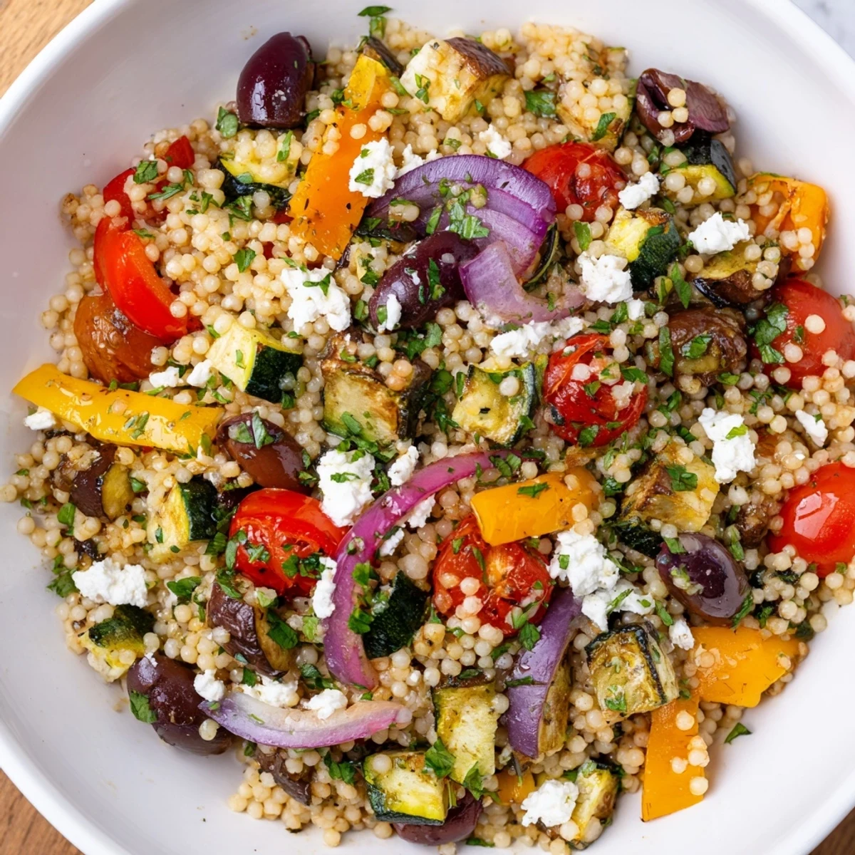 Freshly roasted zucchini, bell peppers, and red onion add caramelized flavor to this vibrant Mediterranean Couscous Salad served in a white bowl.
