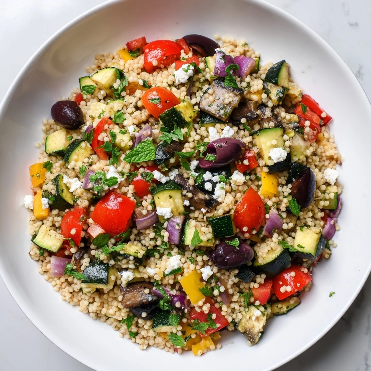 Colorful roasted Mediterranean vegetables and cherry tomatoes mingle with fluffy couscous and mint for a healthy, satisfying Mediterranean Couscous Salad.