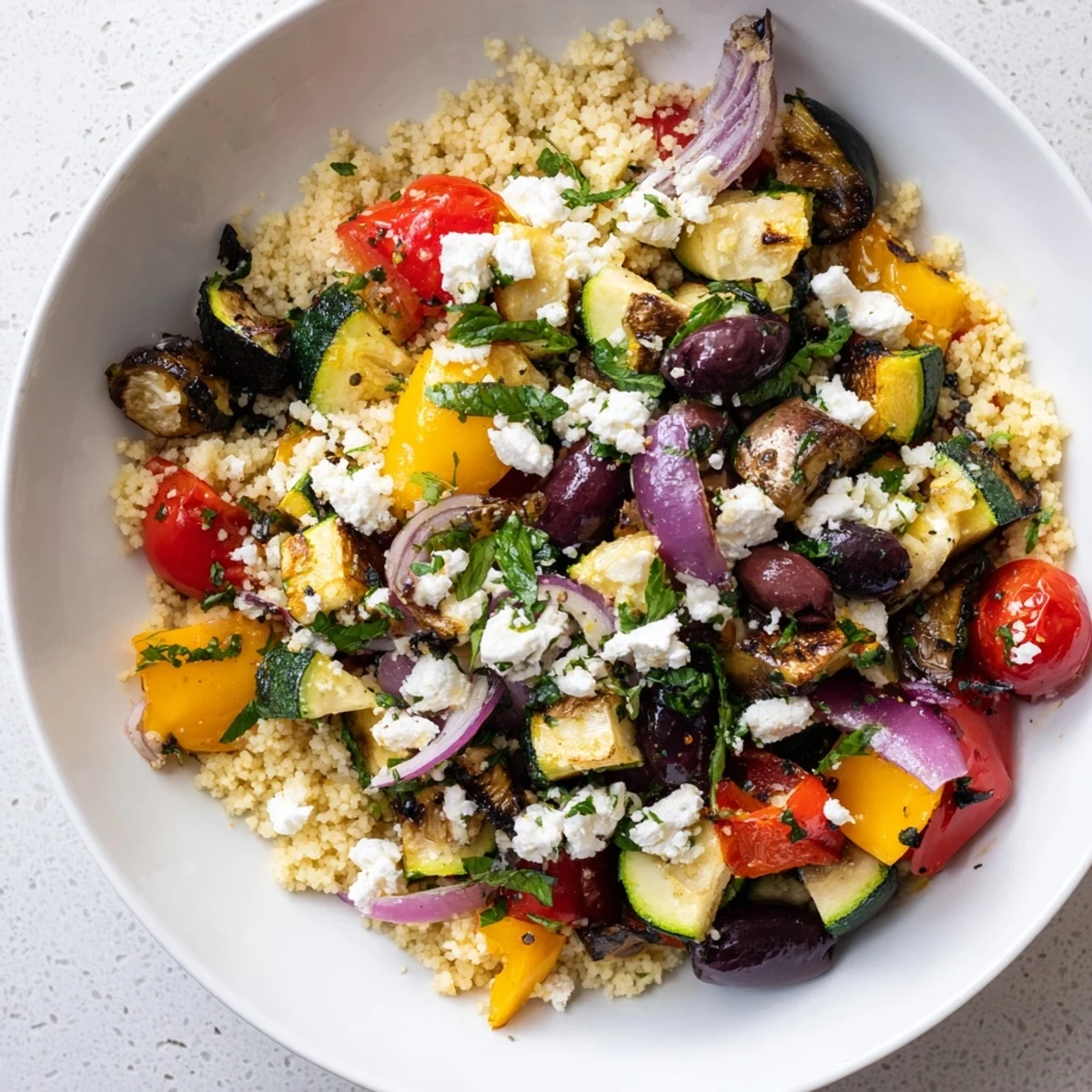 Fork-fluffed couscous tossed with Kalamata olives, crumbled feta, fresh herbs, and zesty lemon-herb dressing makes a bright Mediterranean Couscous Salad.