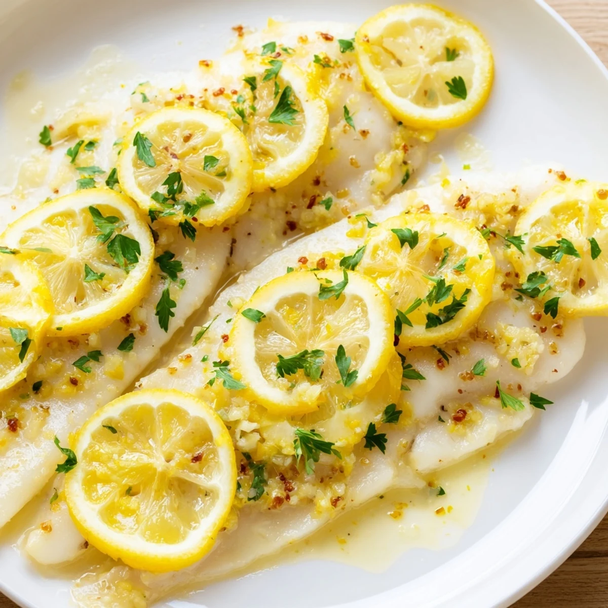 Golden-baked tilapia fillets with lemon butter and garlic, garnished with fresh parsley, served with rice and green beans.