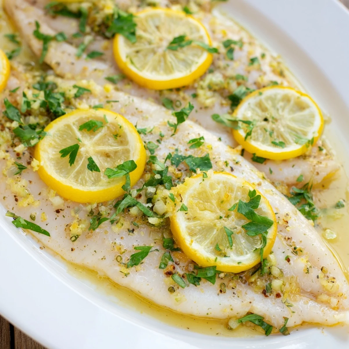 Flaky baked tilapia in a lemon garlic butter sauce, topped with lemon slices and fresh herbs on a white plate.