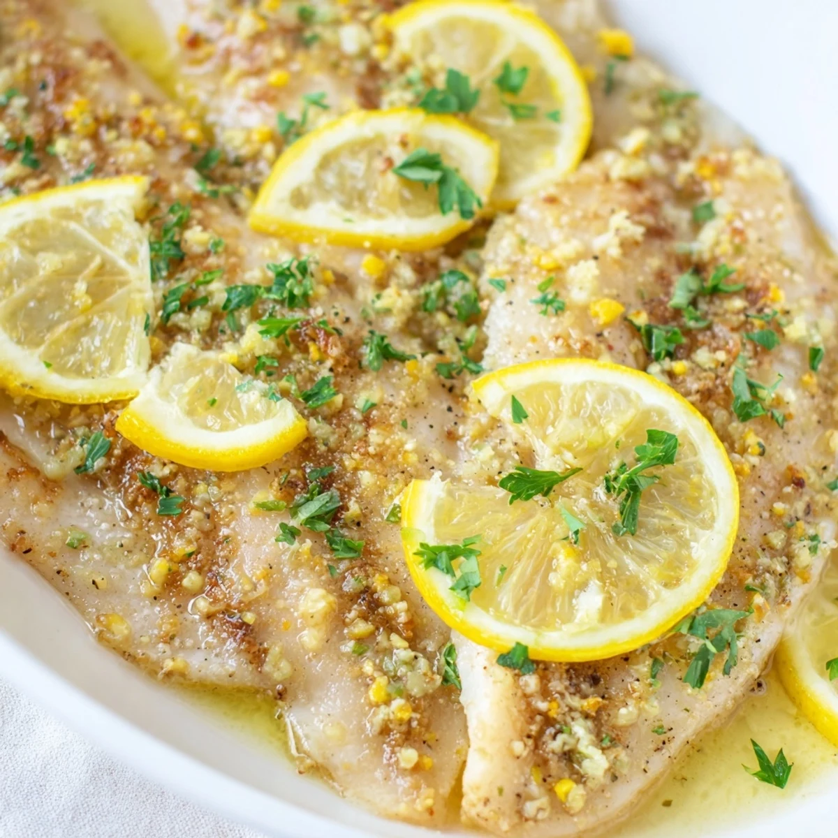 Tender, oven-baked tilapia with a zesty lemon butter and garlic sauce, perfect for a quick weeknight dinner with steamed veggies.