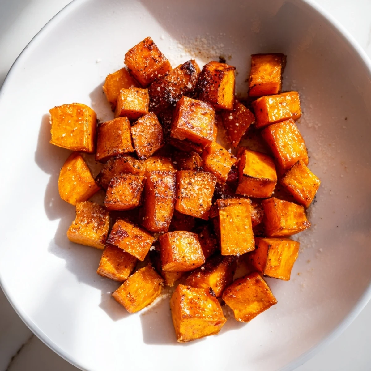 Golden roasted sweet potatoes with cinnamon and brown sugar glistening on a rustic platter, garnished with fresh parsley.