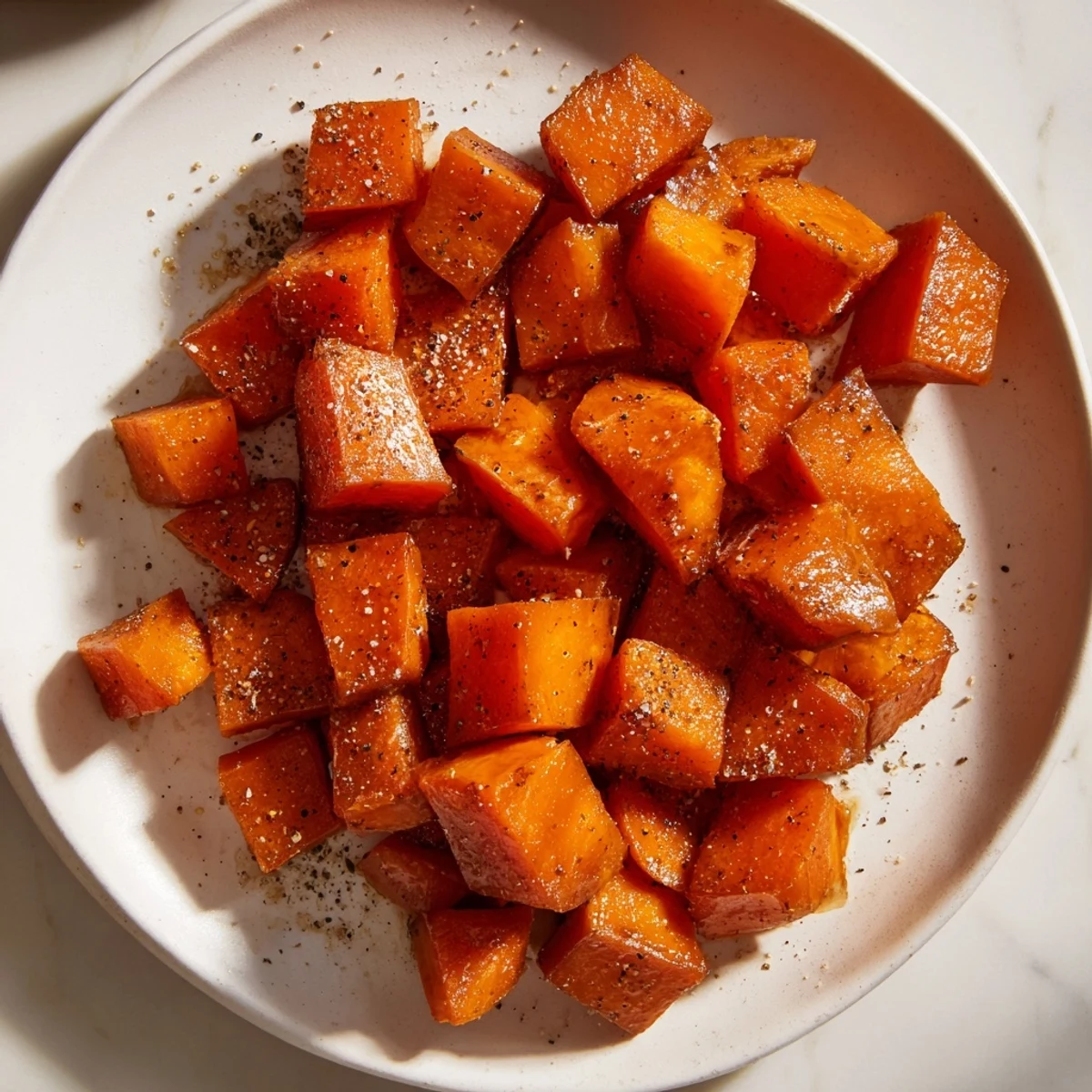 Freshly roasted sweet potatoes with cinnamon and brown sugar served warm, topped with crunchy chopped pecans.