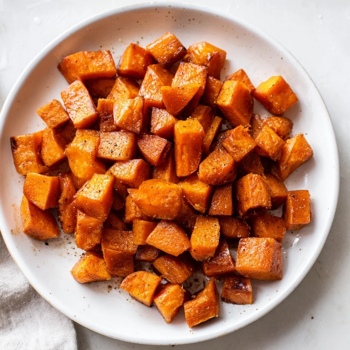 Caramelized roasted sweet potatoes with cinnamon and brown sugar, a cozy side dish paired with roasted chicken.