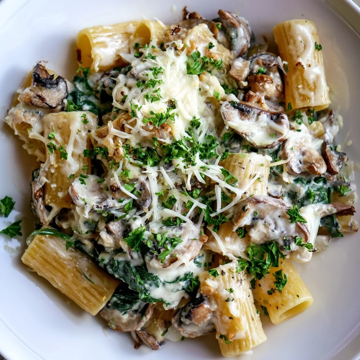 Golden baked Creamy Mushroom and Spinach Pasta Bake in a ceramic dish with bubbling cheese.