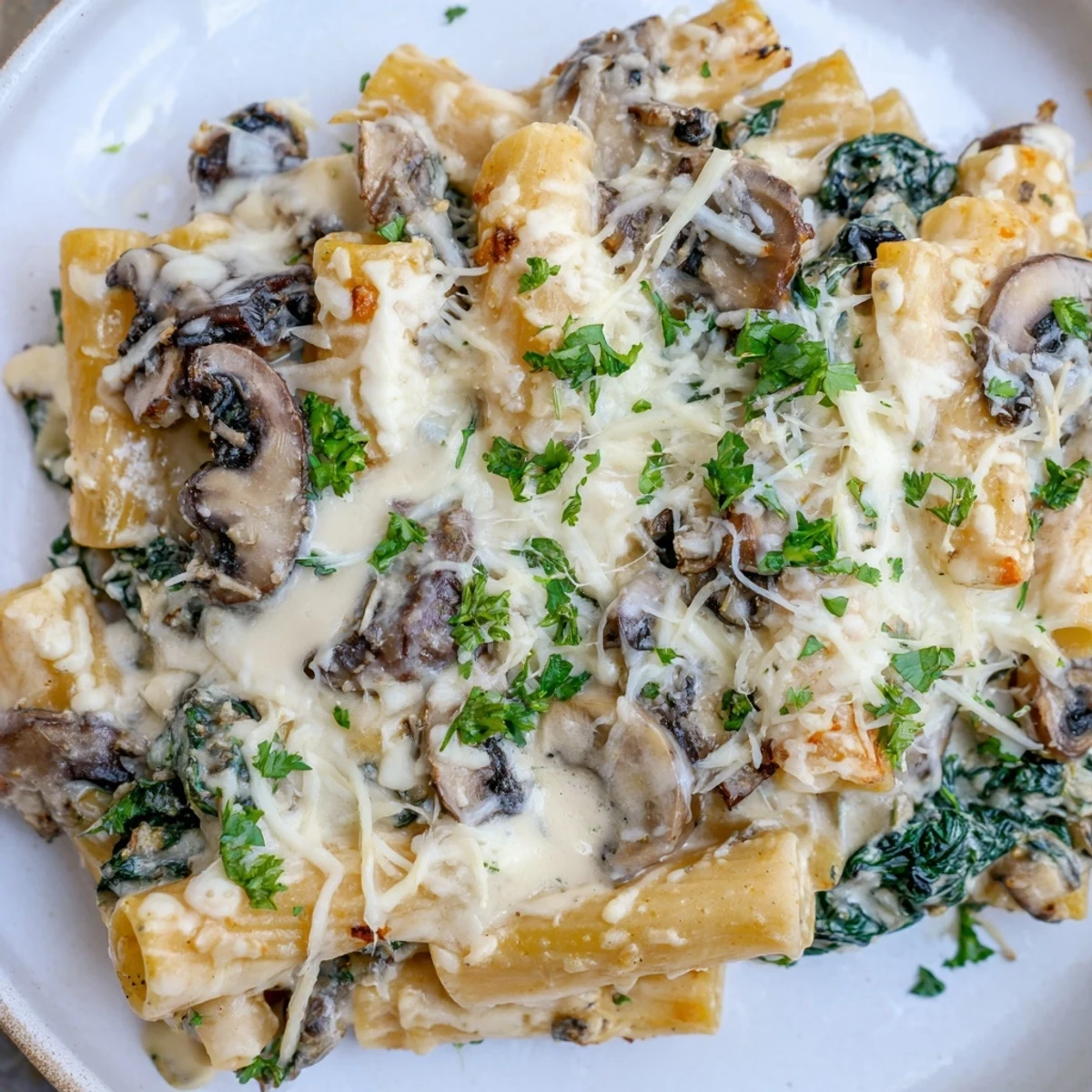 A close-up of Creamy Mushroom and Spinach Pasta Bake revealing layers of pasta and greens.
