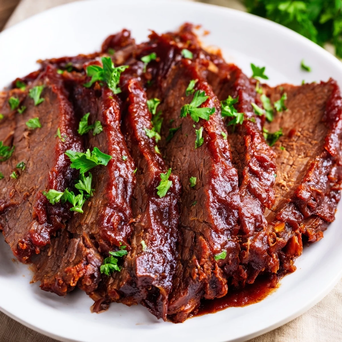 Sliced Slow Cooker Beef Brisket with Smoky BBQ Sauce served on a soft bun with a side of creamy coleslaw.