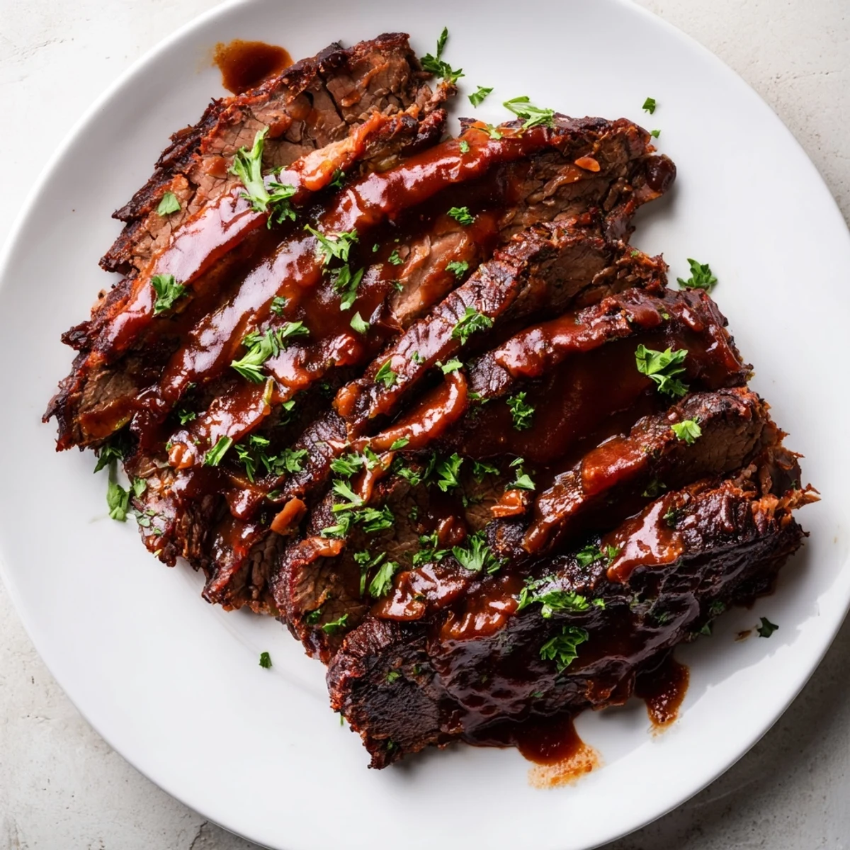 Tender shredded Slow Cooker Beef Brisket with Smoky BBQ Sauce piled high on a rustic wooden cutting board.