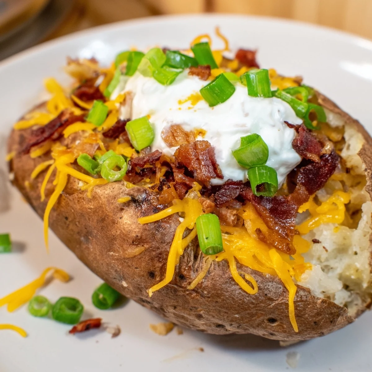 Crispy baked Super Bowl Loaded Potato Skins filled with savory beef bacon, melted cheddar, sour cream, and fresh green onions on a serving platter.