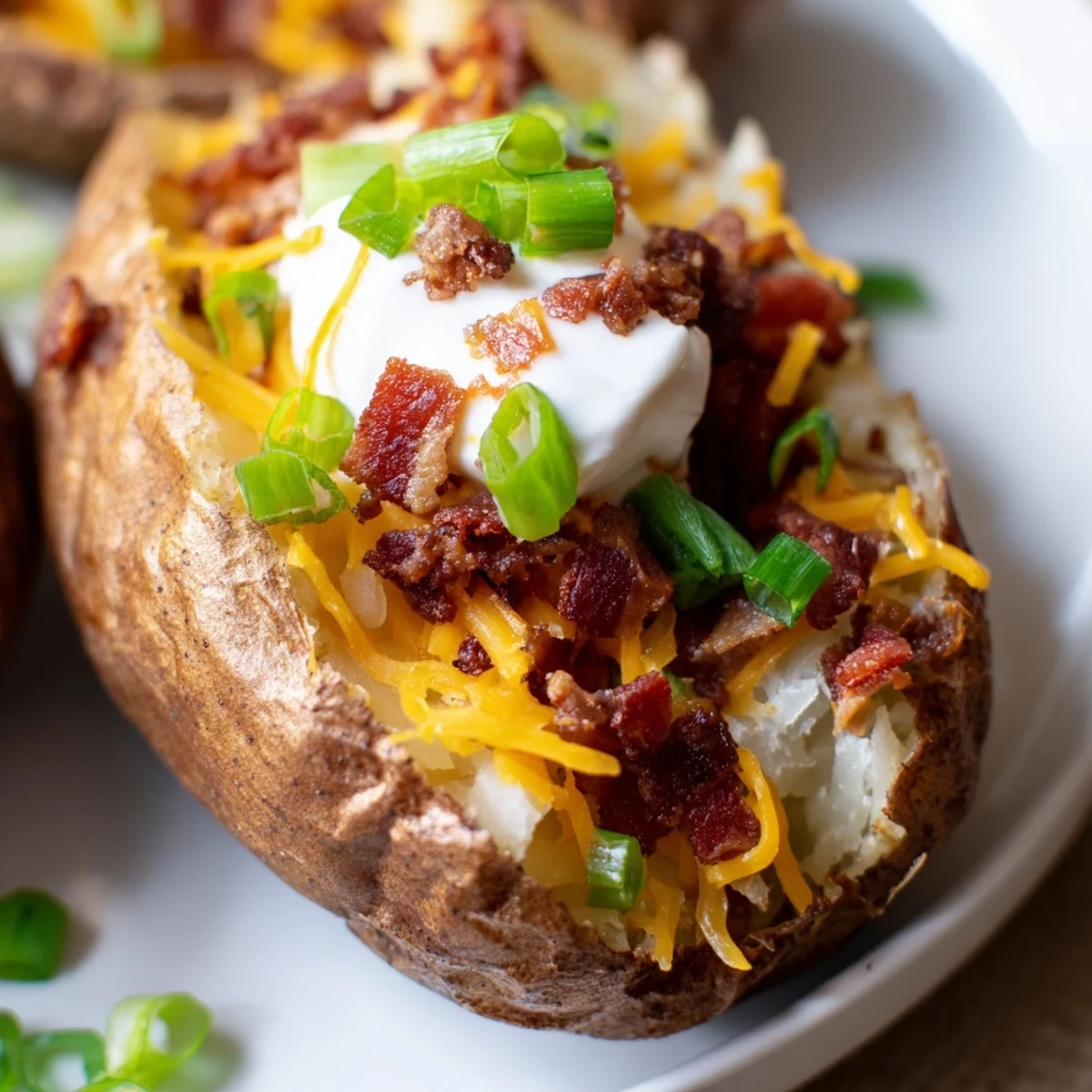 Golden Super Bowl Loaded Potato Skins topped with melted cheddar and beef bacon, served hot from the oven with sour cream and chives.