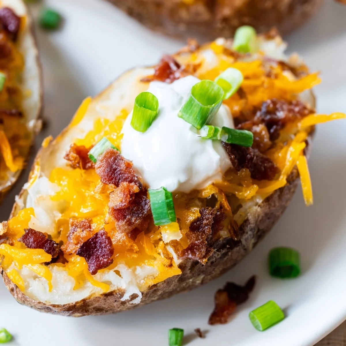 Game-day Super Bowl Loaded Potato Skins with golden shells, melted cheddar cheese, crispy beef bacon, and a dollop of sour cream for dipping.