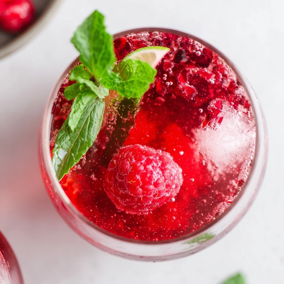 A vibrant Love Potion Cranberry Raspberry Mocktail served over ice with fresh berries and a lime wheel.  