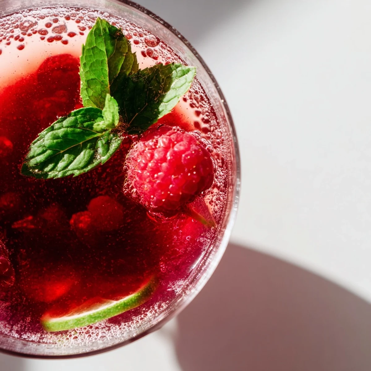Fizzy Love Potion Cranberry Raspberry Mocktail garnished with mint sprigs and berries in a clear glass.