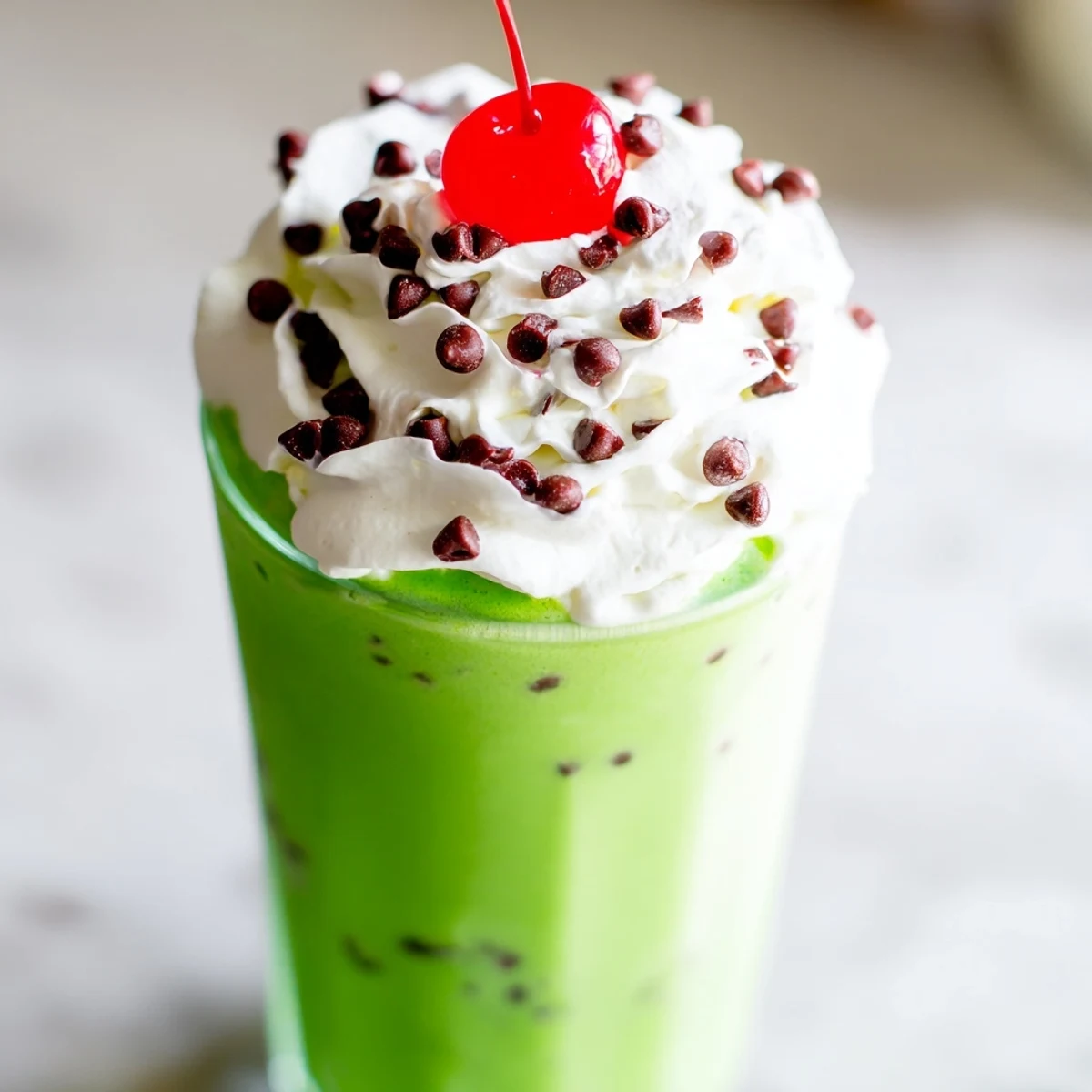Thick, frosty Shamrock Mint Chocolate Chip Milkshake with a cherry on top and extra chocolate chips, ready to enjoy with a straw.
