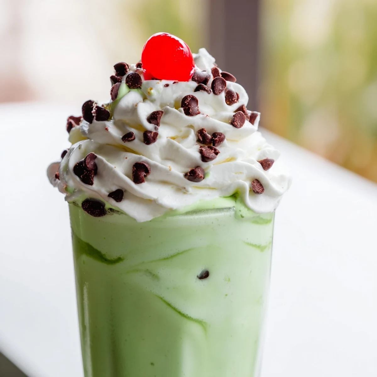 Vibrant green milkshake blending vanilla ice cream, mint extract, and chocolate chips, poured into a chilled glass for a cool, festive treat.