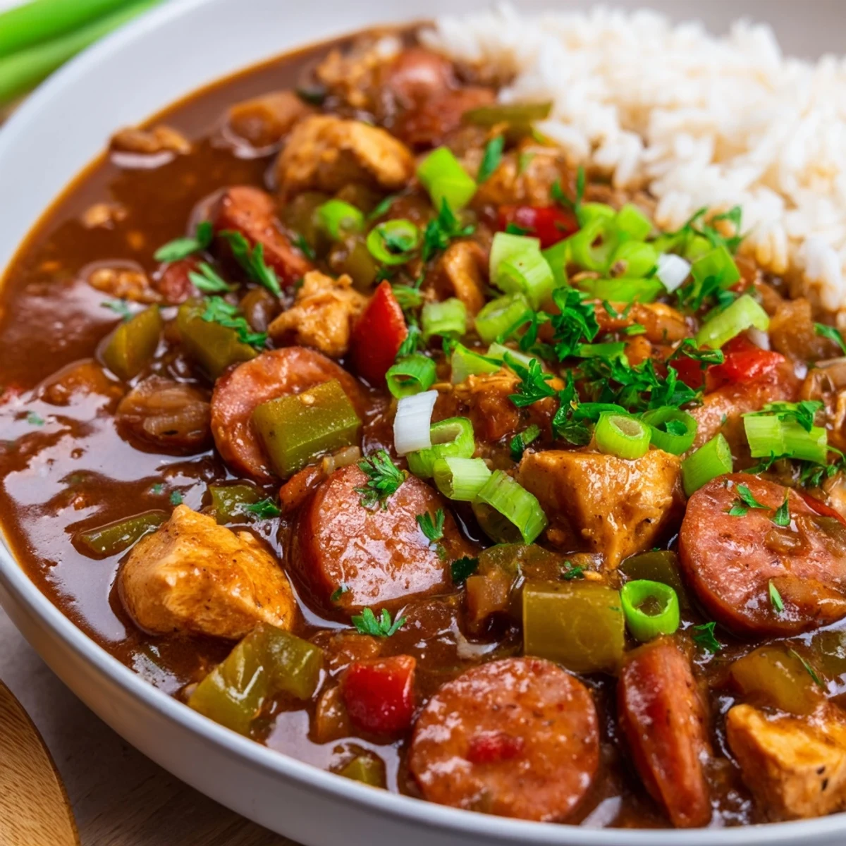 Close-up of rich Mardi Gras Chicken and Sausage Gumbo simmering in a Dutch oven, featuring tender chicken and smoky sausage.