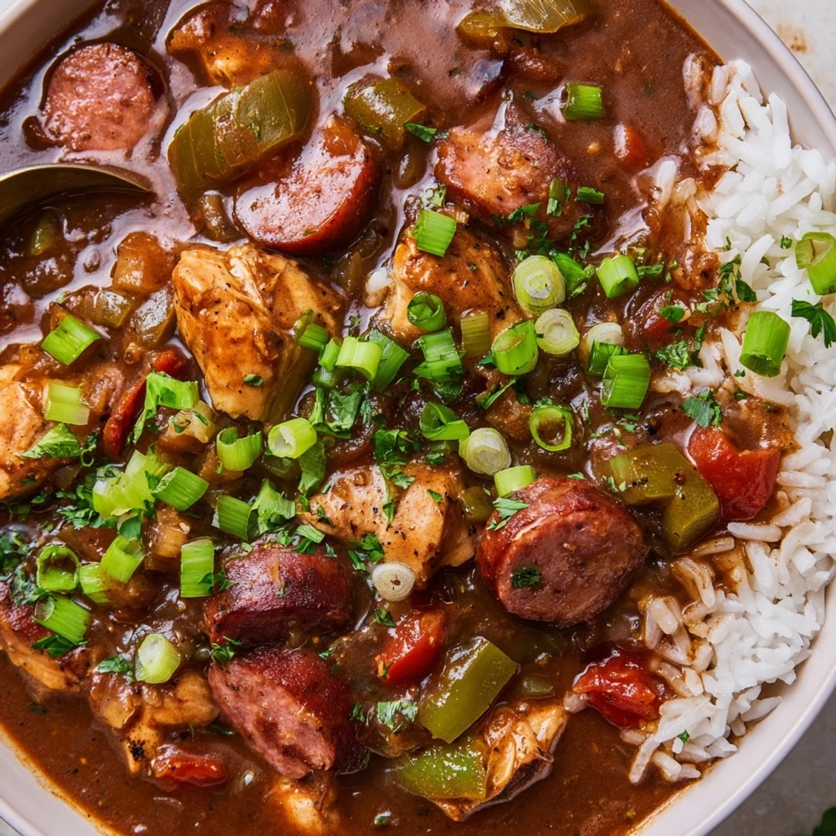 A steaming bowl of Mardi Gras Chicken and Sausage Gumbo, garnished with fresh parsley and green onions over fluffy white rice.