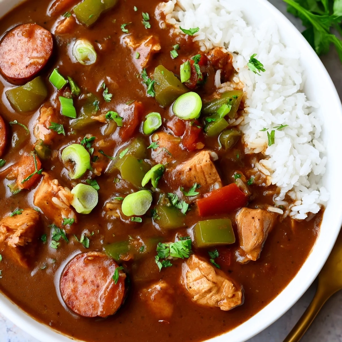 Serving of Mardi Gras Chicken and Sausage Gumbo in a rustic bowl, ready to enjoy with a side of crusty bread.