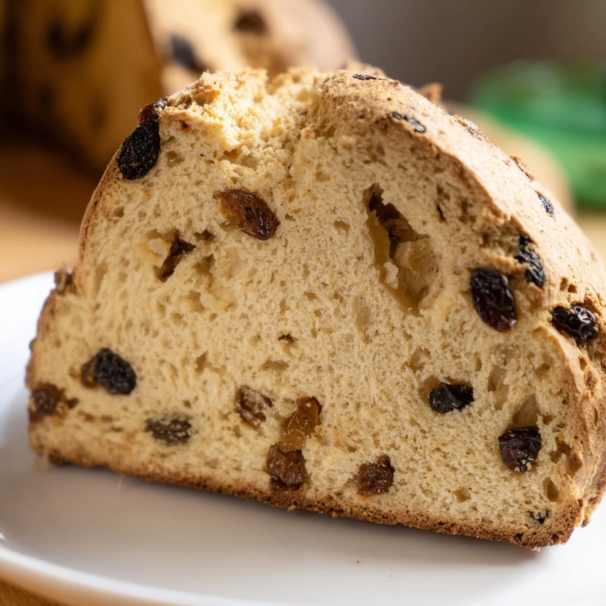 Perfectly sliced Irish Soda Bread with Raisins and Caraway reveals a tender, moist crumb with visible fruit, ready to be slathered with creamy butter and served.