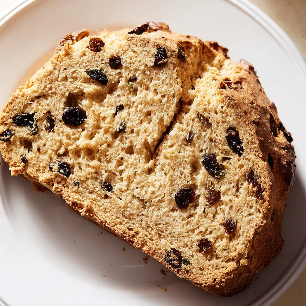 Warm from the oven, a rustic round loaf of Irish Soda Bread with Raisins and Caraway shows its iconic deep cross on top and golden crust.