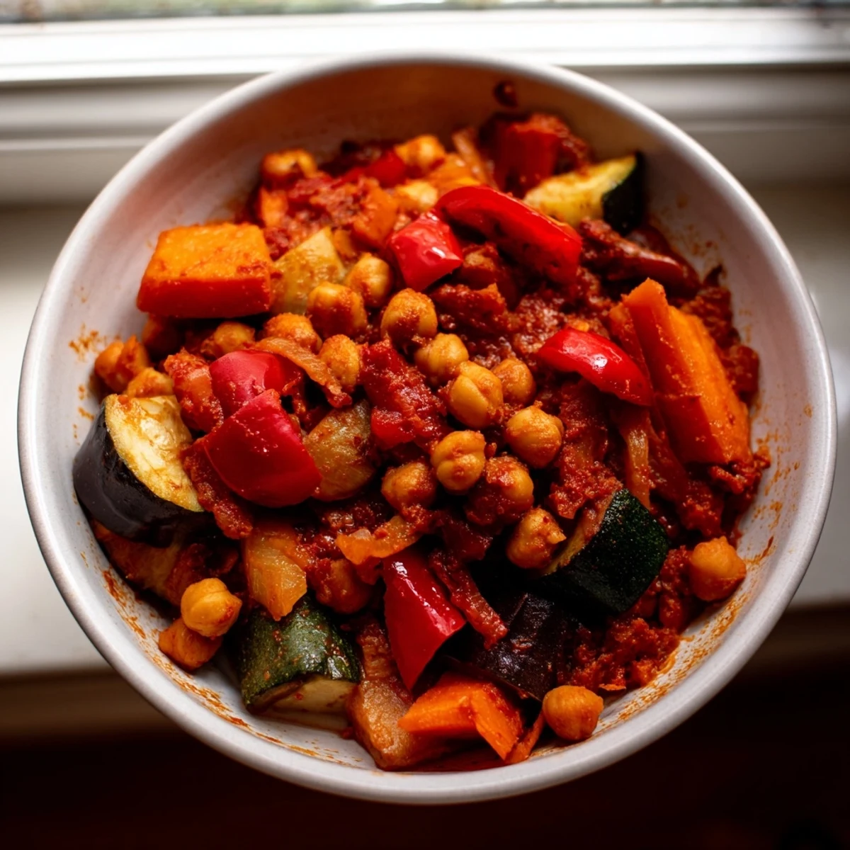 A bowl of vibrant Spicy Harissa Chickpea and Vegetable Tagine, featuring tender chickpeas and colorful vegetables in a rich, aromatic stew garnished with fresh cilantro.