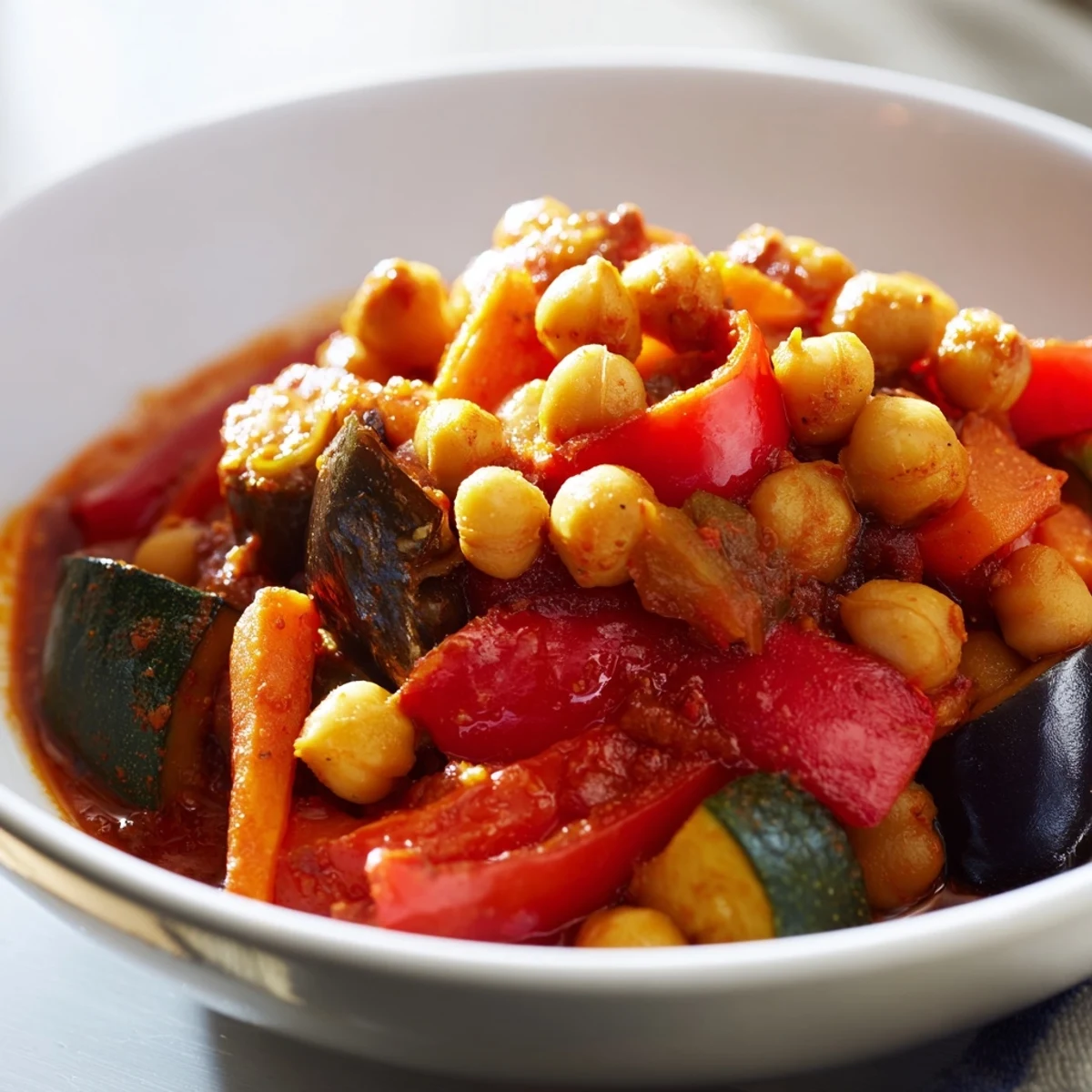 Top-down view of bubbling Spicy Harissa Chickpea and Vegetable Tagine, its deep red broth brimming with chickpeas, carrots, and zucchini in a rustic Dutch oven.
